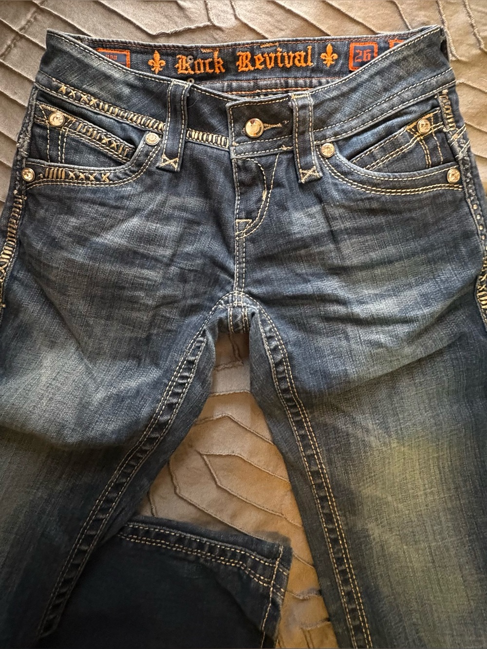 Rock Revival Women's Blue Washed Boot Cut Jeans with Contrast Stitching